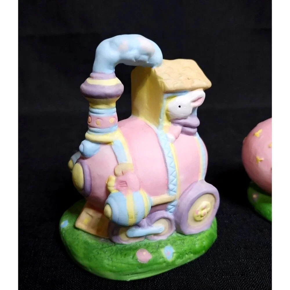 Bisque Ceramic Easter Egg Train 3 Figures Bunny Rabbit Chick Spring Flowers
